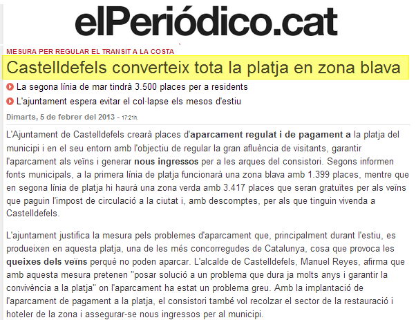 Noticia publicada en el diario EL PERIDICO sobre la conversin de la mayor parte de Castelldefels-playa en zona azul y verde (5 de Febrero de 2013)